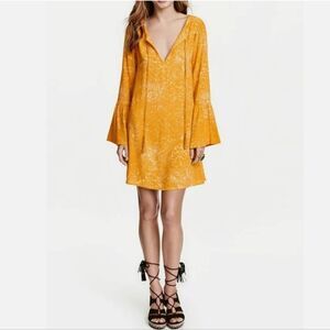 H&M Mustard Yellow Viscose V-neck Bell Sleeve Mini Dress